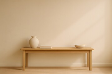 Natural wooden table decor, minimal vase and accessories interior, warm sunlight stylish home space, simple and clean background design