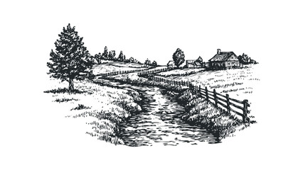 Hand drawn sketch of a pastoral landscape with a stream and farmhouse. Vector hand drawn illustration