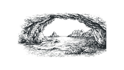 Cave entrance view of rugged coastline and choppy ocean waves. Vector hand drawn illustration