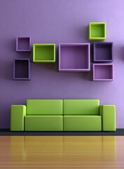 A modern room with a vibrant lime green sofa and patterned purple and lime green wall shelves against a lavender background.