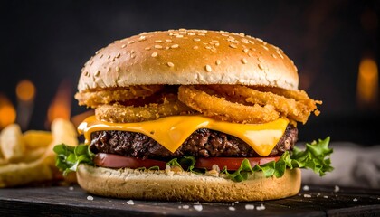 Delicious cheeseburger with onion rings and fries
