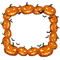A spooky square Halloween border constructed from orange jack-o'-lanterns and silhouetted bats.