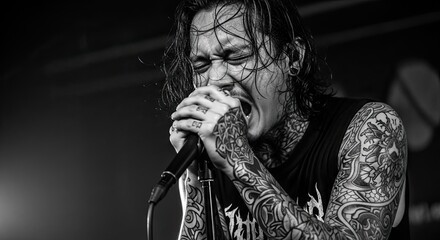 Asian Intense Metal Singer Performance on the concert stage, Black and white style image