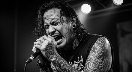 Asian Intense Metal Singer Performance on the concert stage, Black and white style image