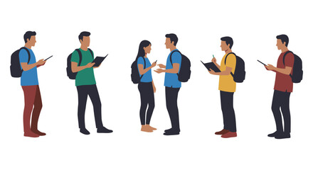 students standing in line reading books and using devices