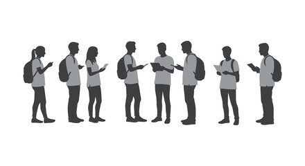 a line of people standing and using their phones