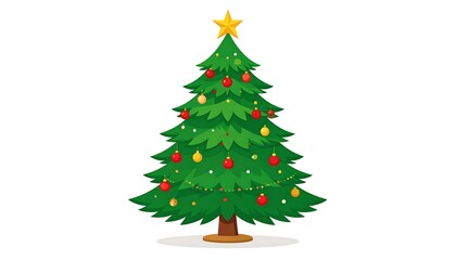 Fototapeta premium A vibrant Christmas tree, adorned with colorful ornaments and a golden star, stands tall against a bright white background.