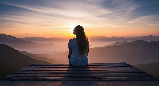 A Woman Sits Peacefully On A Wooden Platform, Overlooking A Serene Mountain Landscape Bathed In The Warm Hues Of A Spectacular Sunset Or Sunrise.