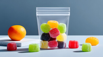 Colorful gummy candy resealable pouch clear plastic bag assorted fruit sweet vibrant confection soft jelly citrus orange studio lighting modern backdrop minimal composition with playful charm