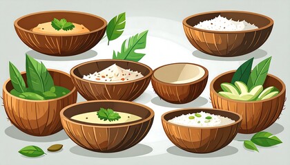Colorful bowls of food in a tropical theme
