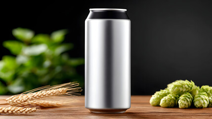 Aluminum can blank label craft beer beverage mockup silver can tall can hops barley wheat wooden table serenity with soft bokeh background and natural light, product concept for packaging design