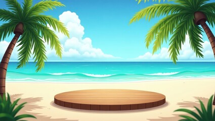 Obraz premium Vibrant beach scene with a circular wooden platform, perfect for product placement, featuring lush palm trees, a tranquil ocean, and a sandy beach.