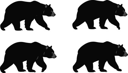Collection of black bear vector illustrations with walking poses, wildlife animal design in simple style for logo, art, and decoration