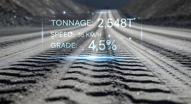 Futuristic Digital Data Overlay Display on Gravel Road in Natural Landscape