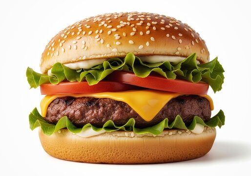 Cheeseburger with lettuce and tomato isolated on white background, clean commercial stock photo.
