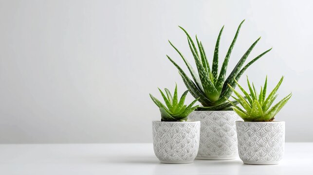 Three potted aloe vera plants of varying sizes arranged on a white surface against a clean, bright background, showcasing minimalist home decor.