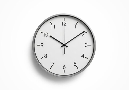Round wall clock isolated on white background, clean commercial stock photo.