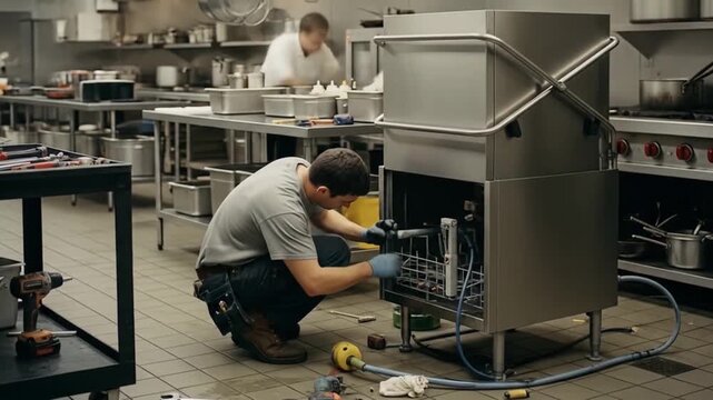 Repairing a Commercial Dishwasher: A Skilled Technician at Work in a Restaurant Kitchen