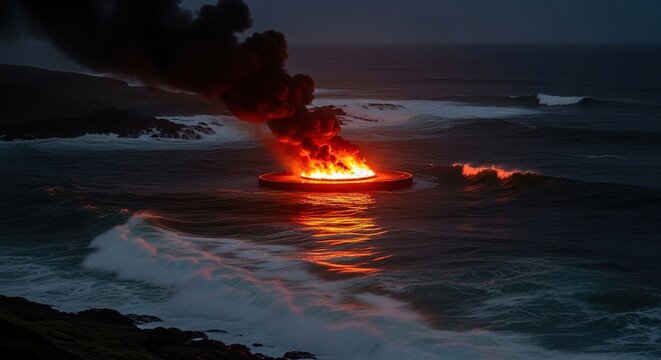 Fiery spectacle: Burning platform amidst crashing waves at night