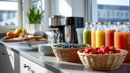 Assorted breakfast offerings including fresh fruit, pastries, juice, and coffee are displayed on a countertop.