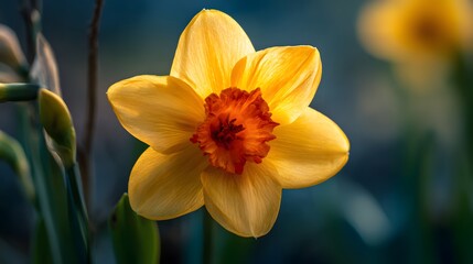 Fototapeta premium A vibrant yellow daffodil blooms, showcasing a captivating orange-red center, bathed in soft sunlight against a blurred backdrop of greenery.