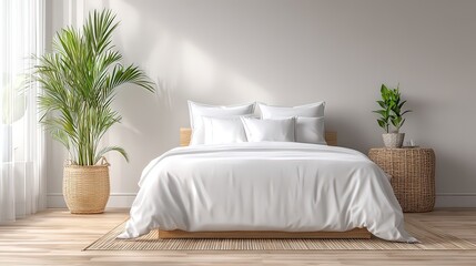 Bright and Cozy Bedroom with White Bedding, Indoor Plants, and Natural Light Streaming Through Sheer Curtains