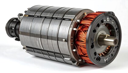 Close-up view of a cylindrical electric motor with meticulously arranged copper windings and a gray metal casing.