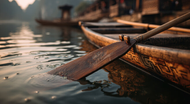 Wooden oar gently dips into calm water beside traditional boat, reflecting serene atmosphere of tranquil river setting - Powered by Adobe