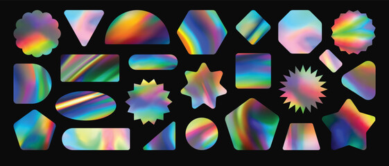 Set of Holographic Gradient Stickers in Various Shapes. Colorful Iridescent Labels