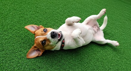 Playful Jack Russell Terrier Relaxing Upside Down on Artificial Turf