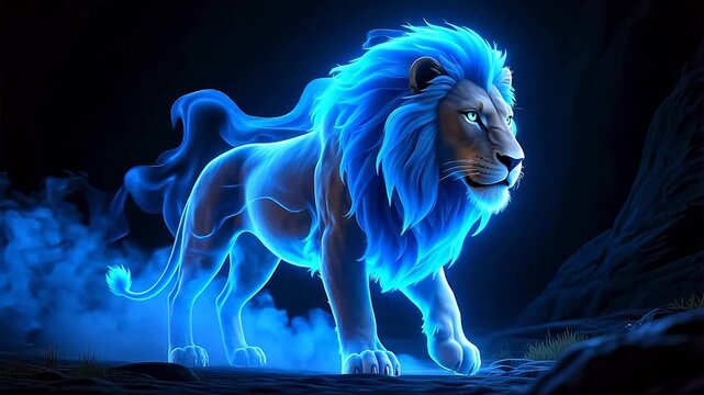 Radiant Spirit Lion with Vibrant Blue Bioluminescent Mane and Ethereal Aura Prowling in a Mysterious Enchanted Realm