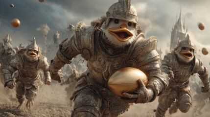 Fototapeta premium Armored ducks charge forward holding golden eggs in medieval fantasy setting, exuding determination and whimsy
