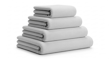 A neatly arranged stack of folded white bath towels creates a sense of cleanliness and organization, perfect for showcasing spa or bathroom essentials .