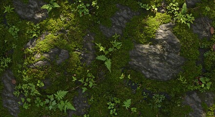 A topdown shot of a mossy rock face showcasing various green plants and textures