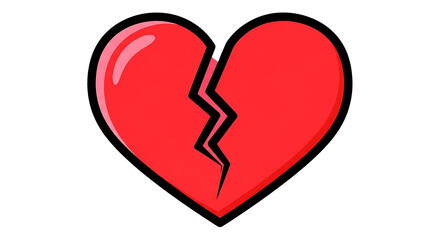 Obraz premium A cartoon illustration of a bright red heart broken in two by a jagged crack.