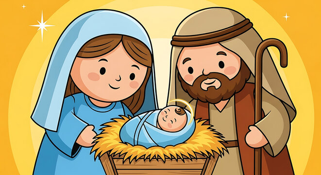 Mary and Joseph lovingly gaze at the newborn baby Jesus lying in a manger under a shining star.