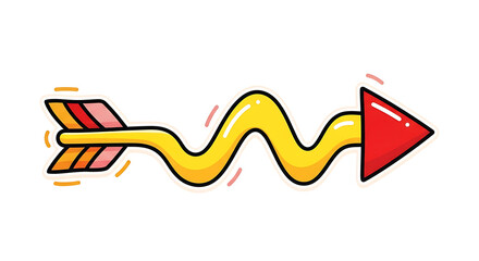 A cartoon-style illustration of a yellow, wavy arrow with a red arrowhead and feathered tail, symbolizing direction and movement.