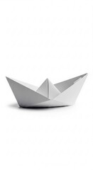 A clean white paper boat sits gently on a plain white background, embodying simplicity and minimalistic design with its intricate folds and subtle shadow casting a sense of tranquility and calm .