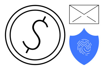 Dollar currency symbol, blue shield with fingerprint, and email envelope. Ideal for finance, security, communication, protection, digital identity payment solutions networking. Simple flat metaphor