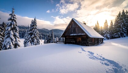 Snowy mountain chalet at dawn