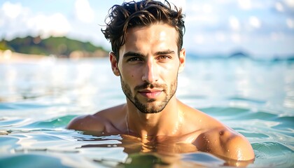 Man in the ocean.  Close-up portrait
