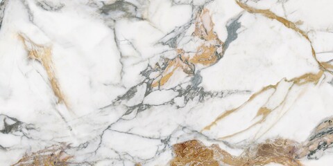 A polished Calacatta-inspired marble surface in pristine white, featuring flowing grey and rich copper-gold veins. Ideal for upscale backgrounds, branding, and interior design visualizations.