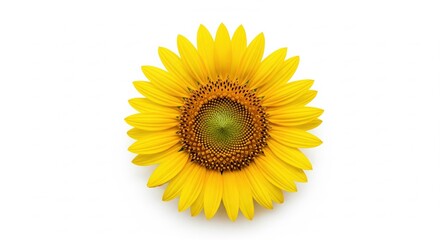 Fototapeta premium A radiant sunflower with vibrant yellow petals and a captivating green and brown center against a clean white backdrop, perfect for conveying warmth and positivity.