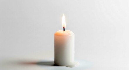 A single white candle is burning brightly, casting a warm glow and a soft shadow on a white surface, creating a sense of peace and tranquility .