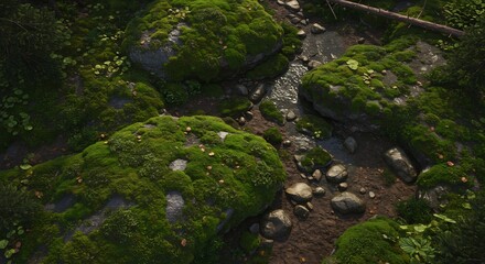 Aerial view of mosscovered rocks stream and forest floor Fallen leaves and small plants are scattered
