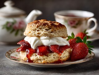 Delicious strawberry shortcake dessert served with tea in a beautiful vintage floral china setting closeup view.