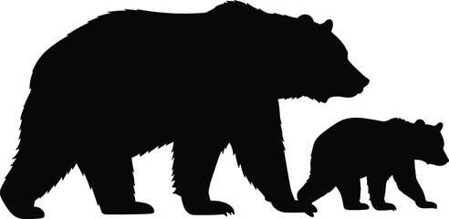 Silhouette of mother bear walking with cub isolated on white background, wild animal family, wildlife nature vector illustration graphic design