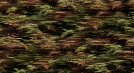 Blurred image of ferns with a motion blur effect The color palette includes greens browns and touches of yellow