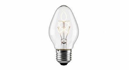 Clear glass incandescent candle bulb with a vintage filament design radiating a warm glow, set against a pristine white background creating a minimalist and elegant aesthetic .
