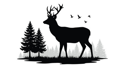 a majestic deer stands amidst tall trees under flying birds © Nasima
